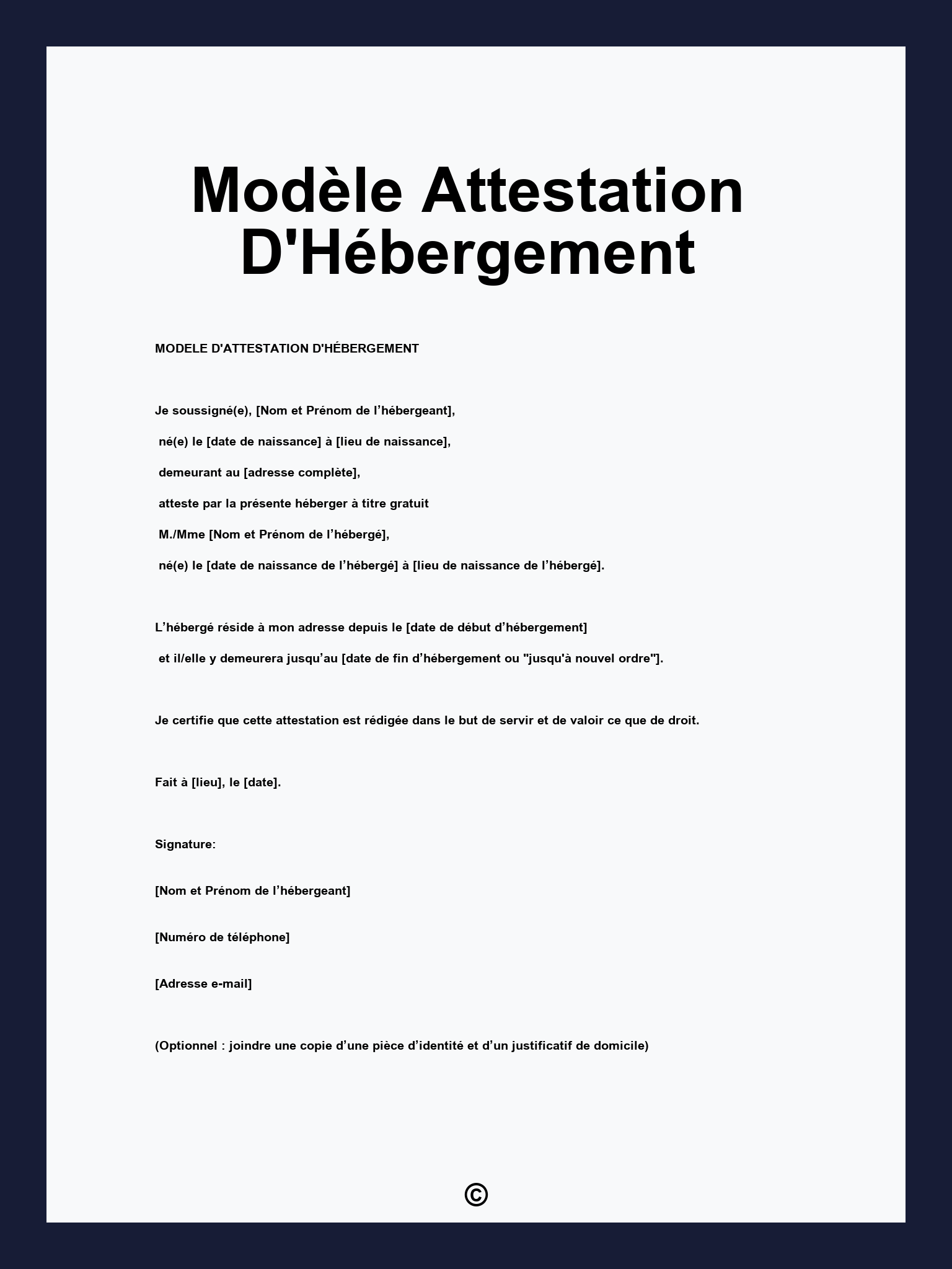 Mod le Attestation D H bergement