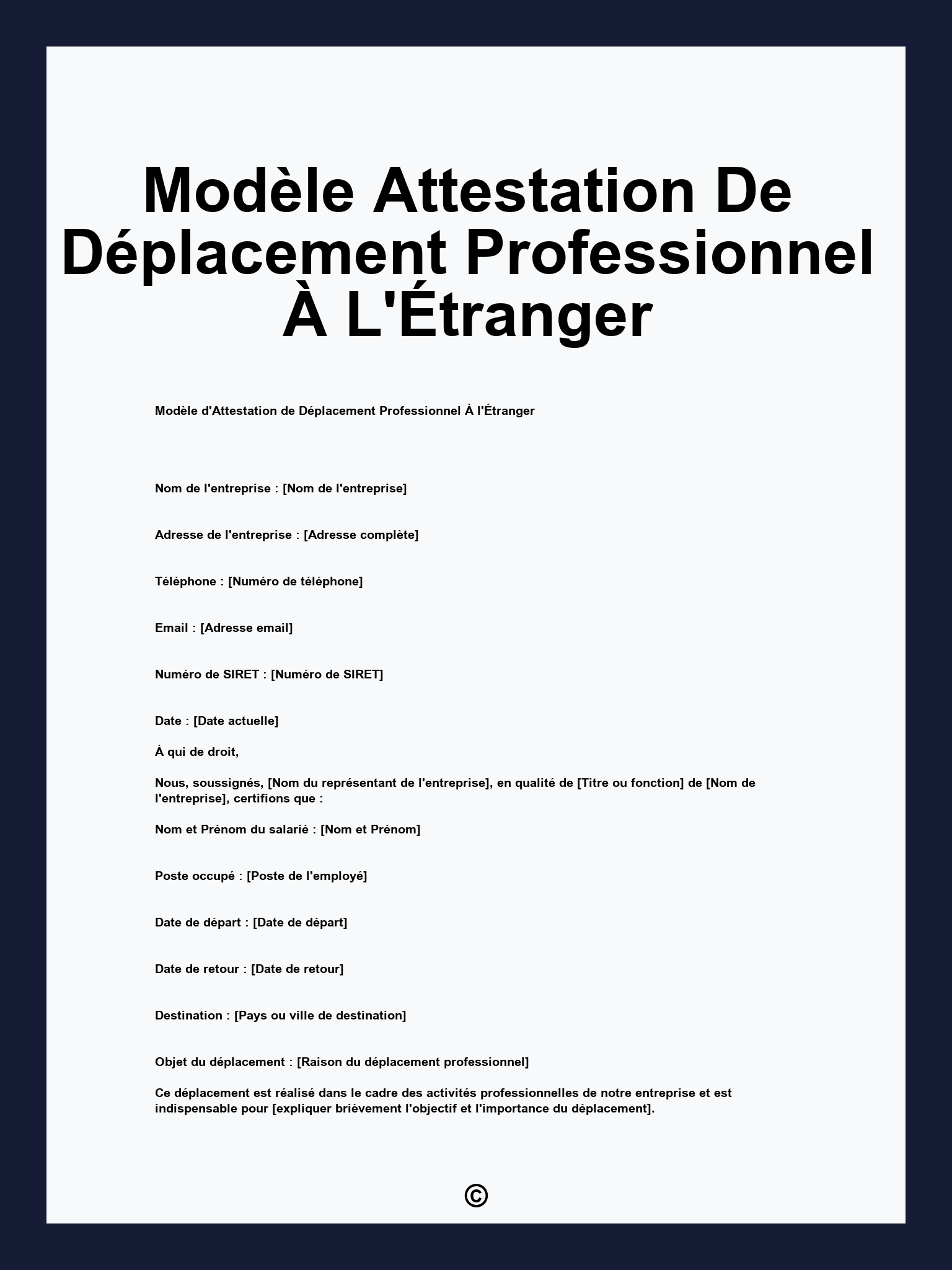 Modèle Attestation De Déplacement Professionnel À L'Étranger