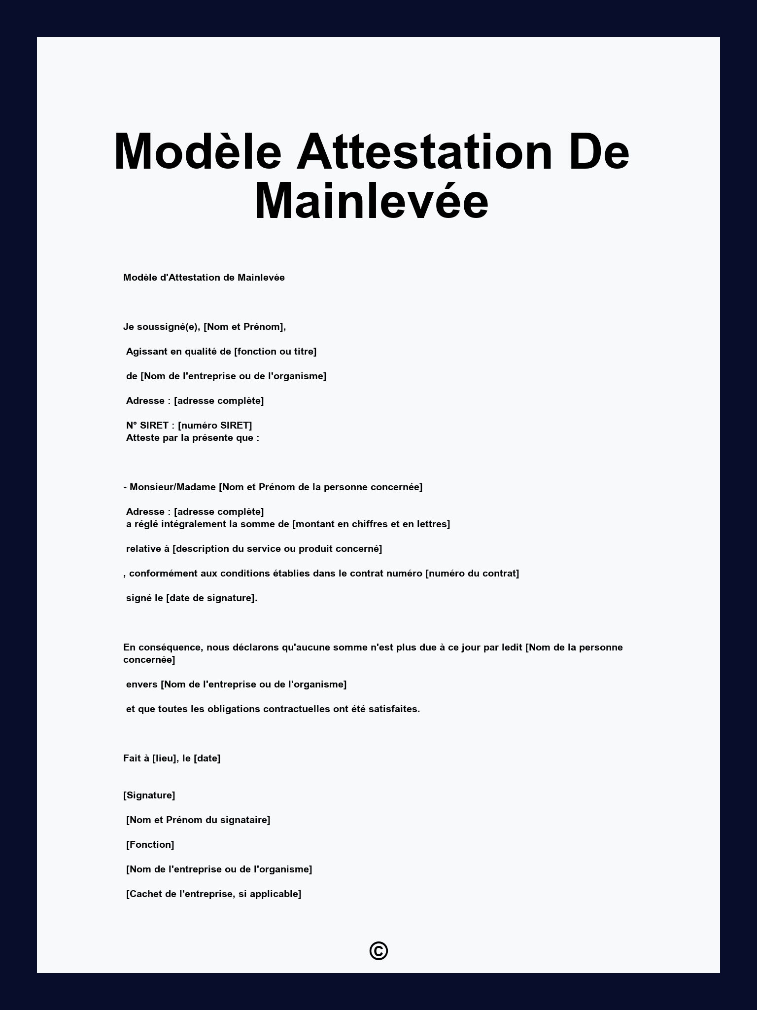 Modèle Attestation De Mainlevée