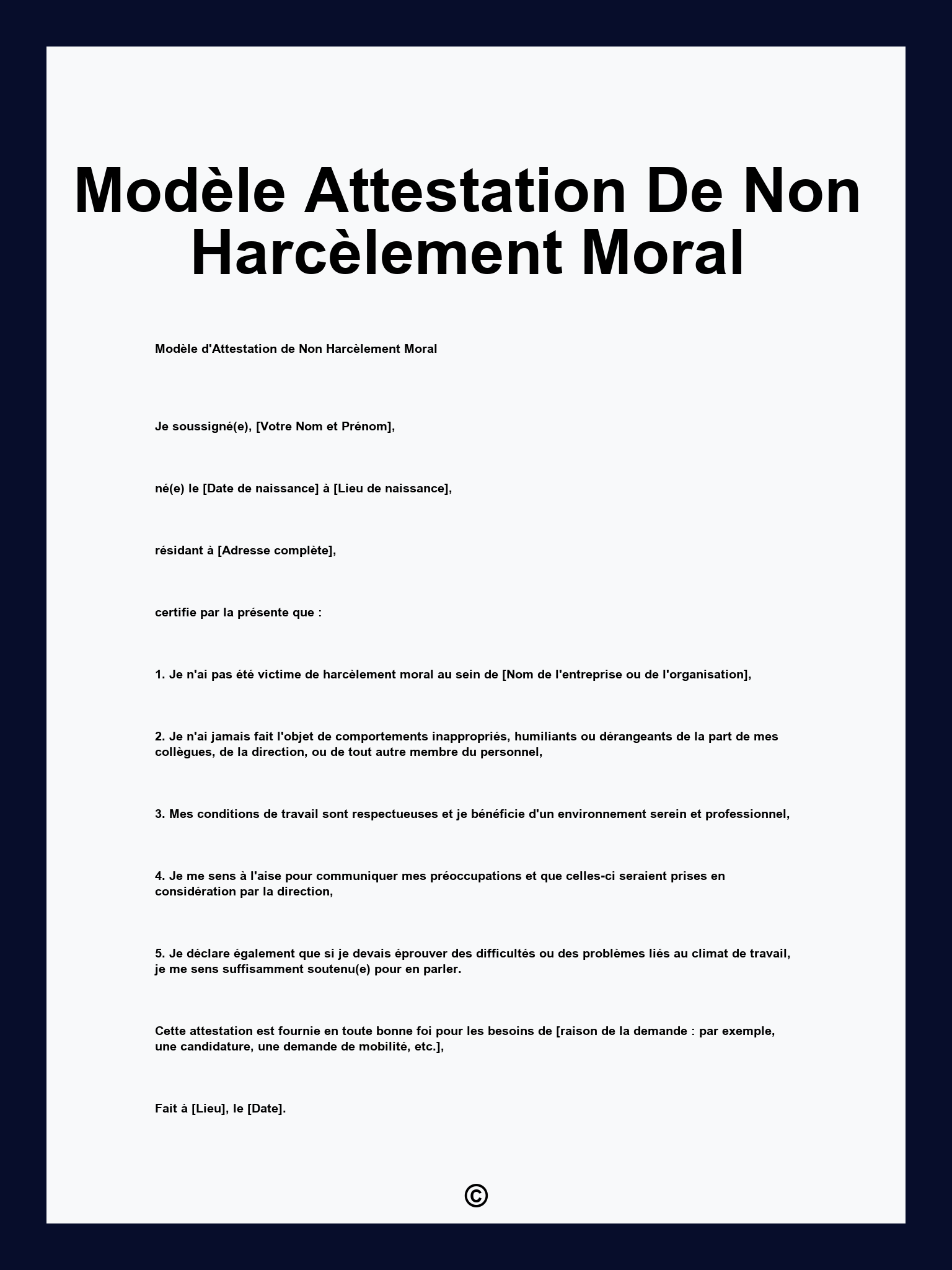 Modèle Attestation De Non Harcèlement Moral