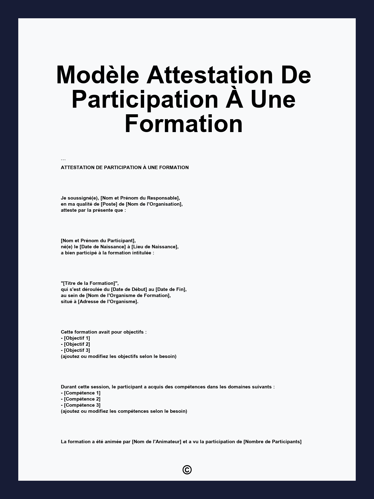 Modèle Attestation De Participation À Une Formation