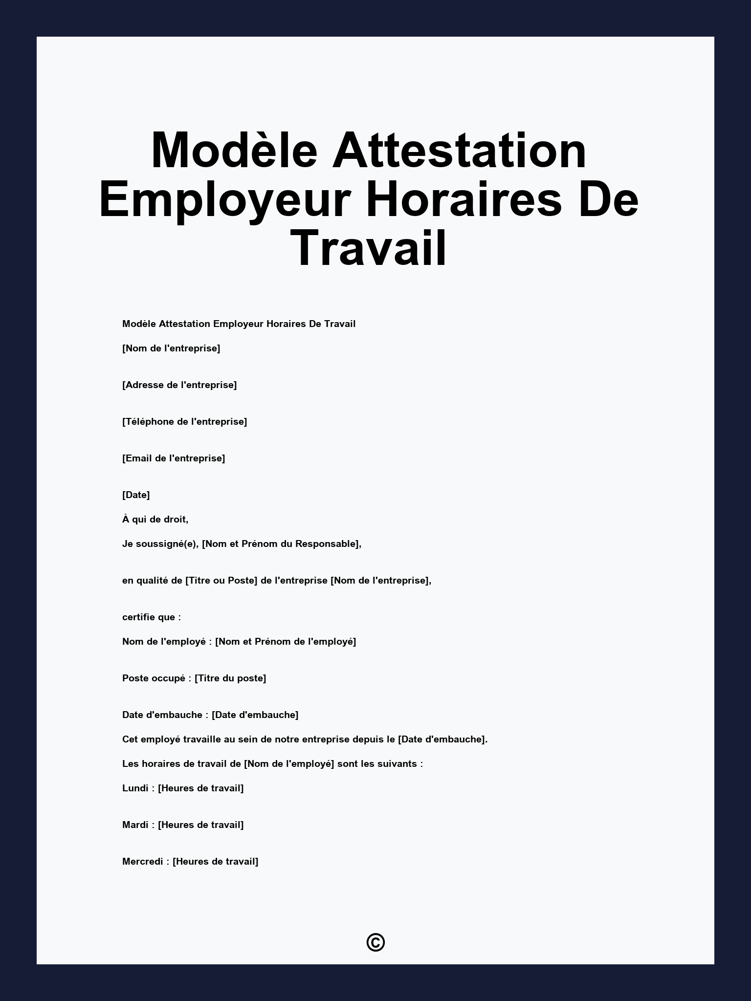 Modèle Attestation Employeur Horaires De Travail