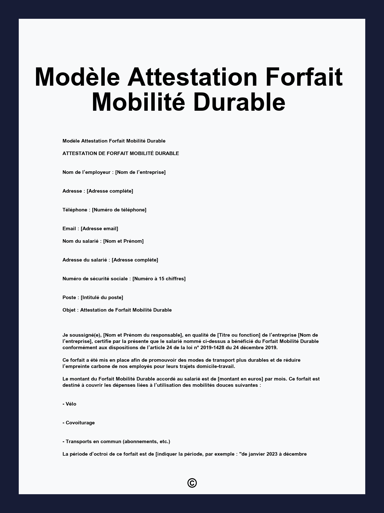Modèle Attestation Forfait Mobilité Durable
