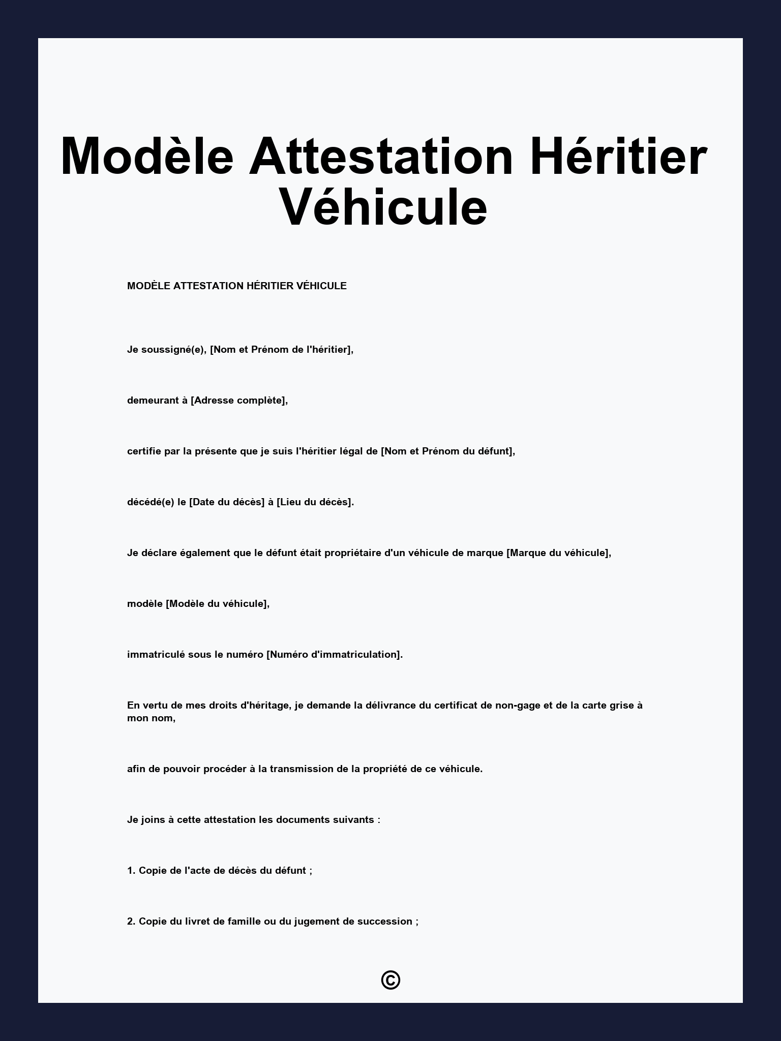 Modèle Attestation Héritier Véhicule