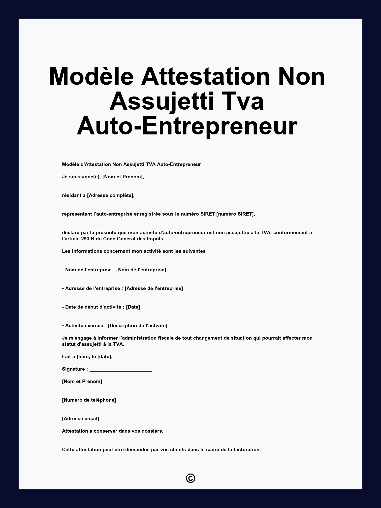 Modèle Attestation Non Assujetti Tva Auto-Entrepreneur