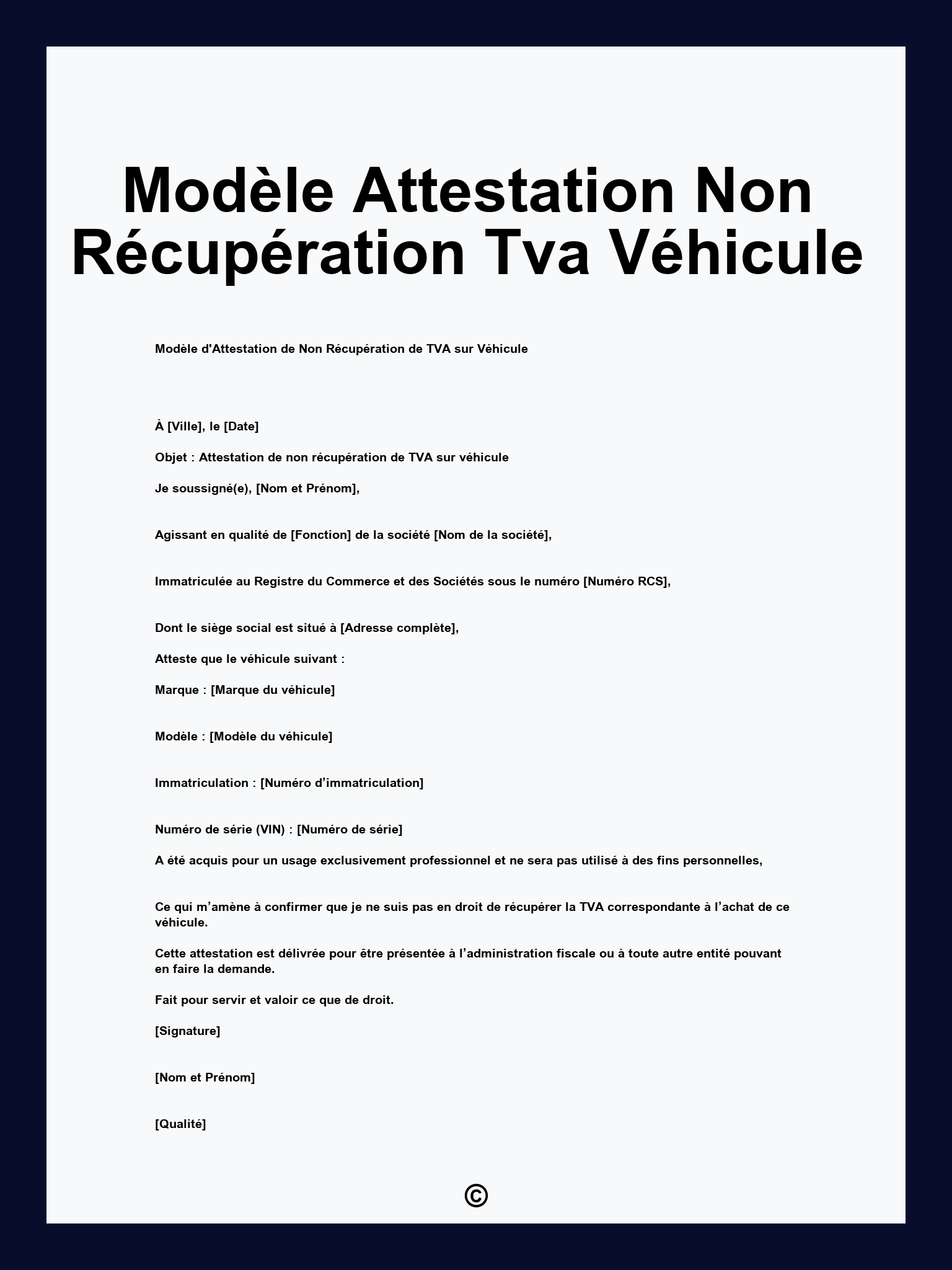 Modèle Attestation Non Récupération Tva Véhicule