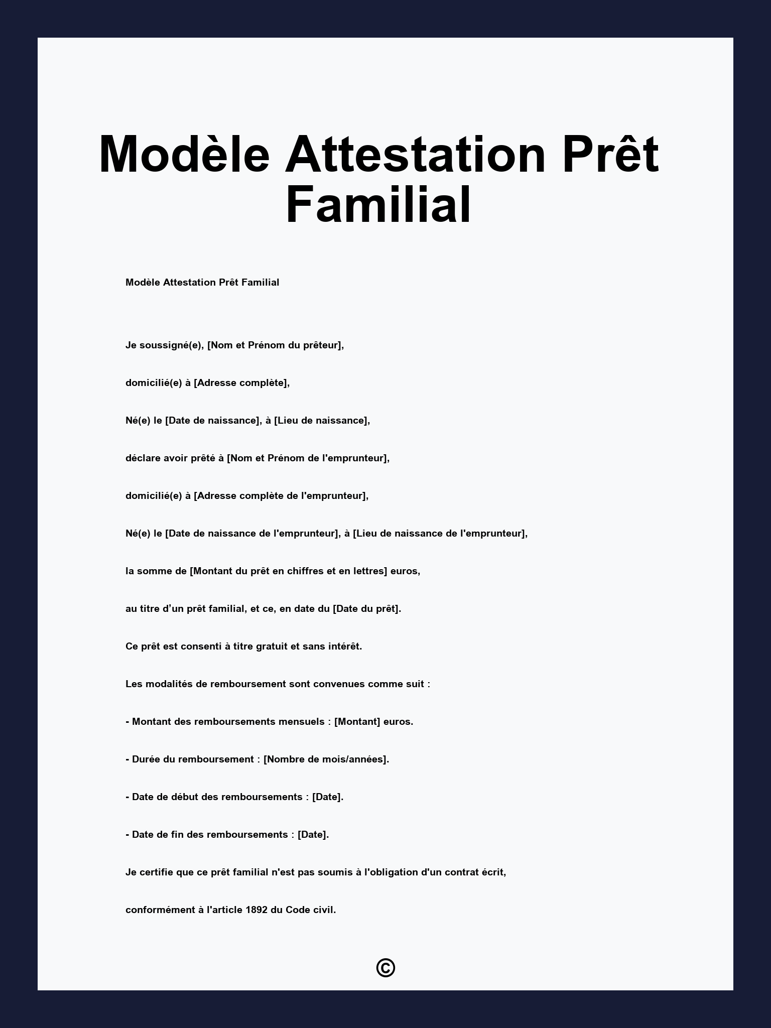 Modèle Attestation Prêt Familial