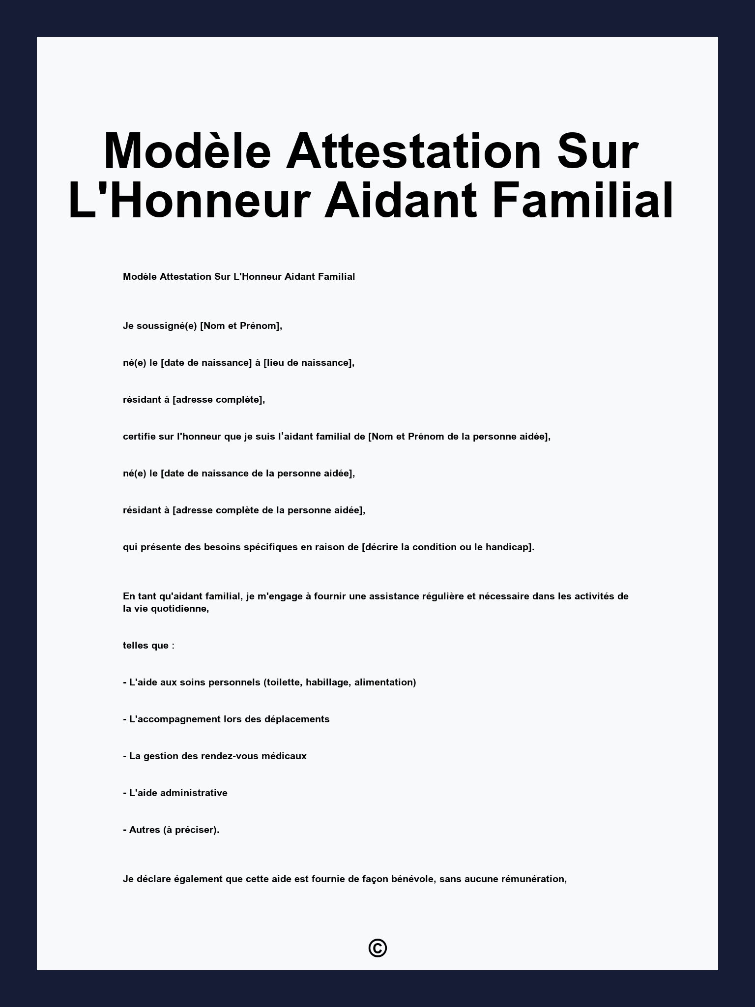 Modèle Attestation Sur L'Honneur Aidant Familial