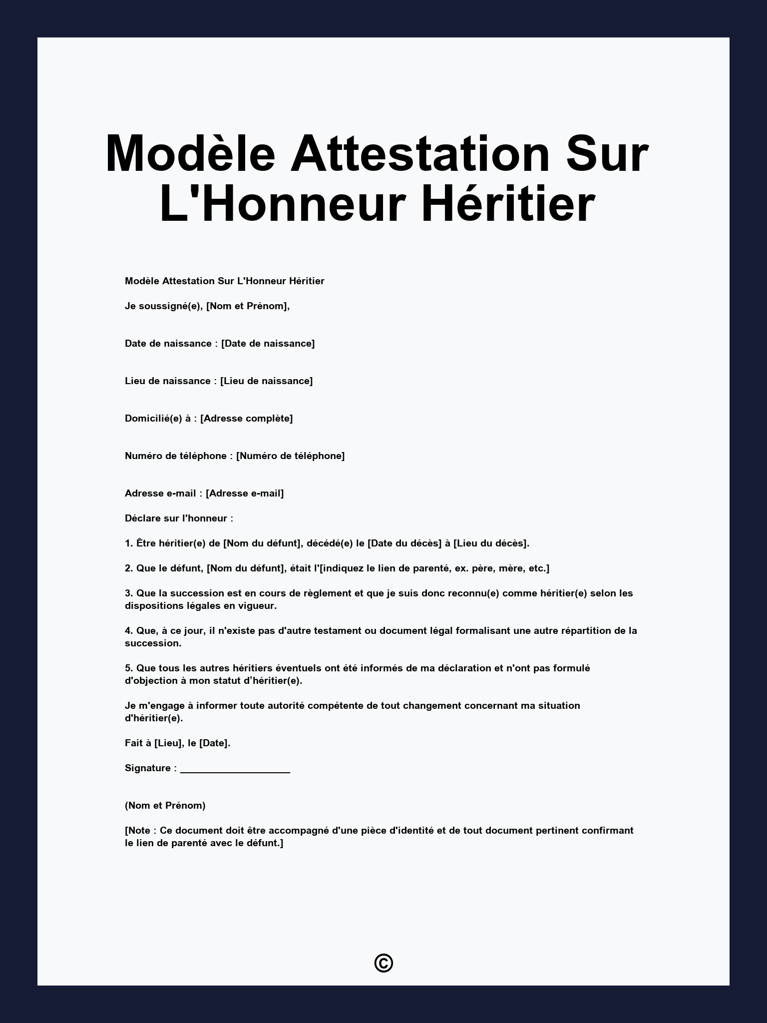 Modèle Attestation Sur L'Honneur Héritier