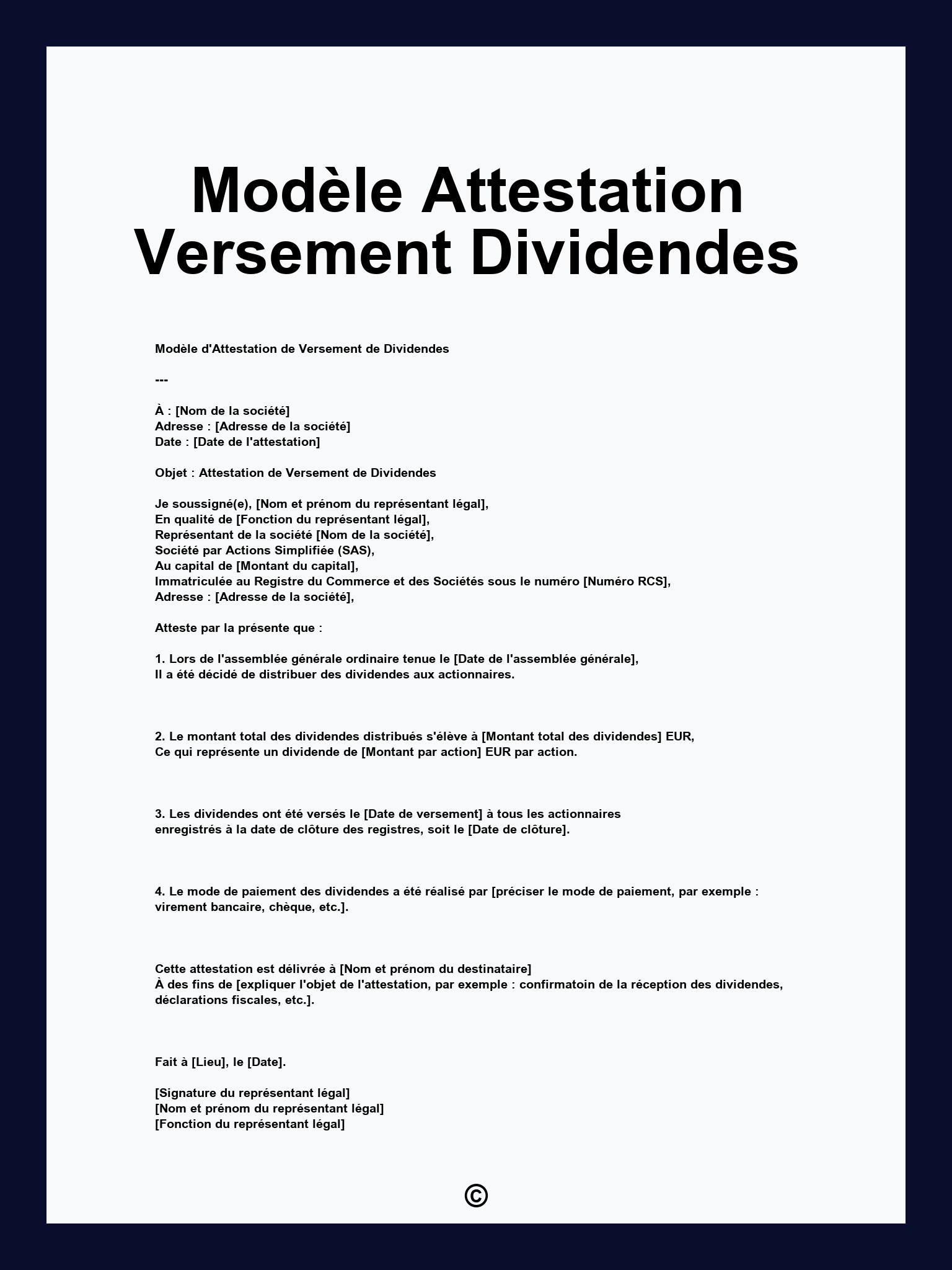 Modèle Attestation Versement Dividendes